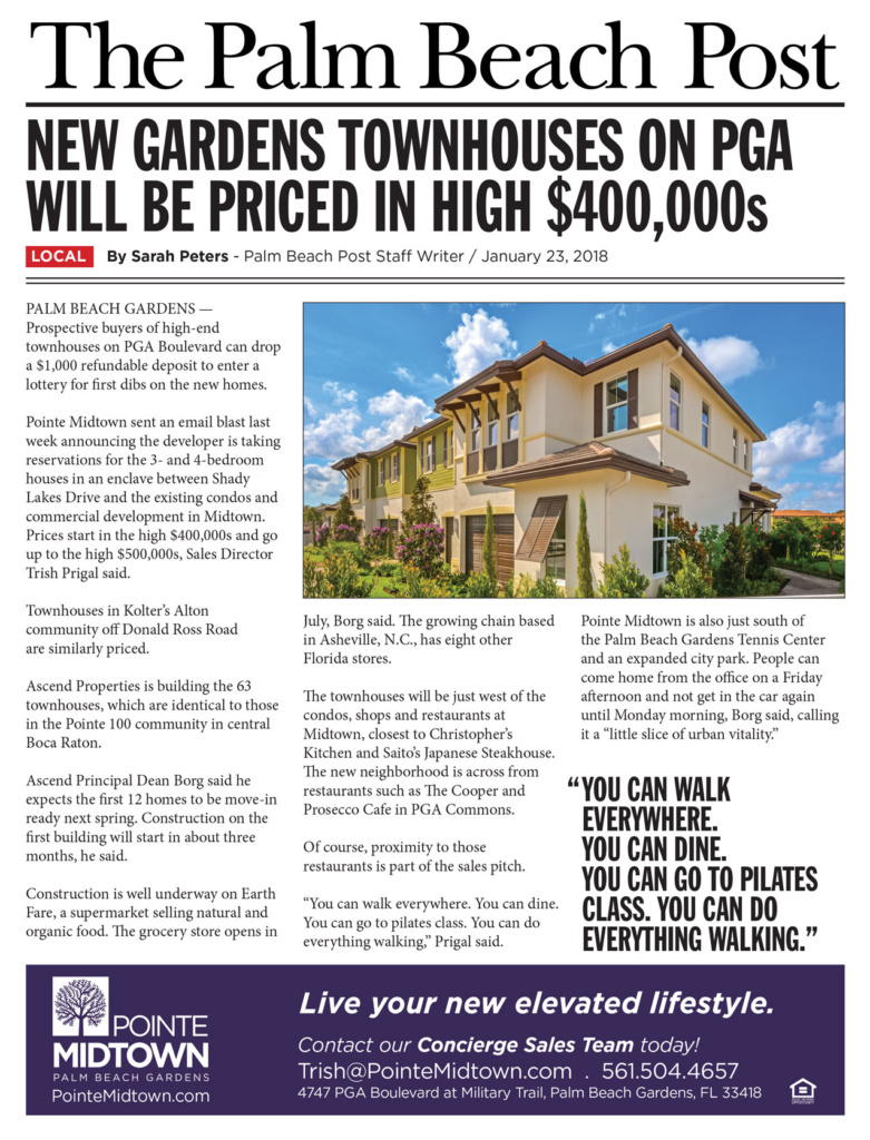 Palm Beach Post Says New Gardens Townhouses on PGA Will be Priced in High $400,000s